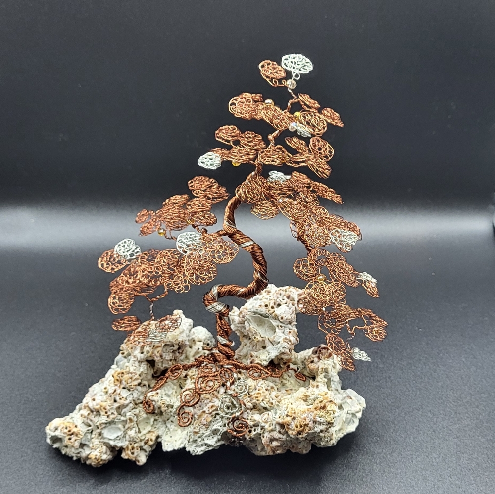 Bonsai Wire Tree - Copper & Silver on a Coral Base (Beach Coastal Decor)
